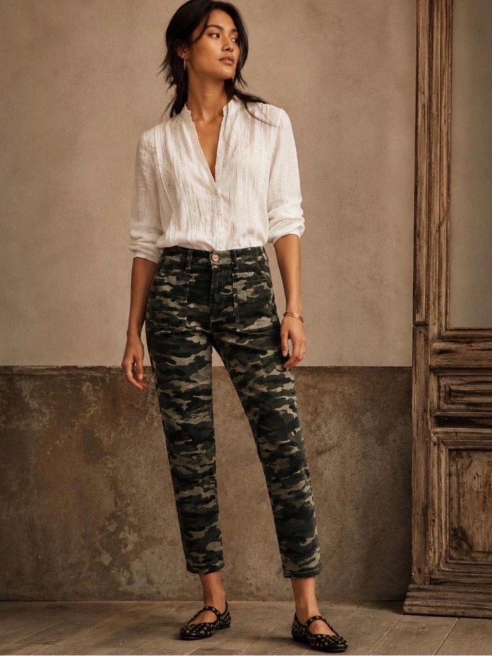 Anthropologie Camo Straight-Leg Pants in Olive Green and Black